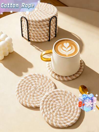 8 piezas Juego de posavasos con soporte, posavasos tejidos minimalistas, posavasos resistentes al calor y almohadillas de aislamiento grueso para decoración de cocina, juego de posavasos surtidos para decoración del hogar, decoración de la sala de estar, decoración de la cocina, protección de la superficie de la mesa apta para todo tipo de tazas, regalo navideño