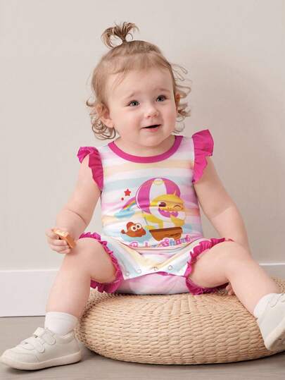 BABY SHARK X SHEIN 女婴/幼儿彩色印花荷叶袖连体衣