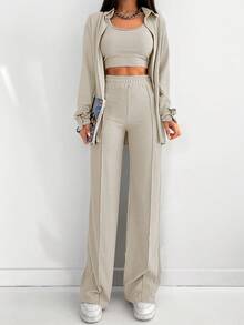 SHEIN Petite Size Women Casual 3pcs/Set Apricot Solid Color Drop Shoulder Long Sleeve Shirt, Crop Top And High Waist Pants Set For Spring/Summer - Apricot - View 3