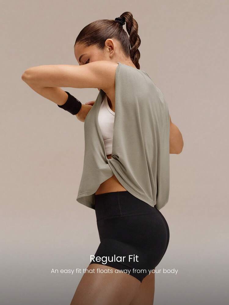 Sunny Sprints Regular Fit Waist Length Sun-Protective Seamless Twisted Sides Running Muscle Tank Jogging Workout Gym Fitness Active Wear