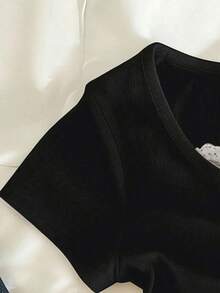 Glimmora Lace Trim Specialty 2-Way Zipper Front Short Sleeve T-Shirt For Women - Black - View 3