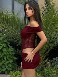 Ronhire 女式性感优雅露肩腰部镂空透明蕾丝撞色网眼迷你连衣裙 - 酒紅色 - 查看 5