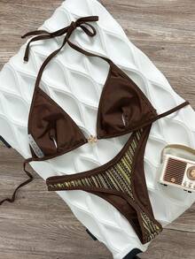 Swim Vcay Set Bikini Seksi Wanita Musim Semi/Panas Warna Polos Model Segitiga Tanpa Kawat dengan Atasan Halter Tanpa Punggung dan Celana Pendek Renang untuk Liburan Pantai - MultiWarna - View 3