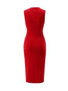 Vestido de malla de punto plisado con estampado, sin mangas, para verano - Rojo 2 - Ver 3