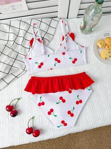 Bộ đồ bơi cho bé gái (cỡ nhỏ), màu đỏ họa tiết quả anh đào dễ thương với thiết kế nơ xếp ly ở eo, thích hợp cho bãi biển, kỳ nghỉ và hồ bơi. - Nhiều màu - Xem 2