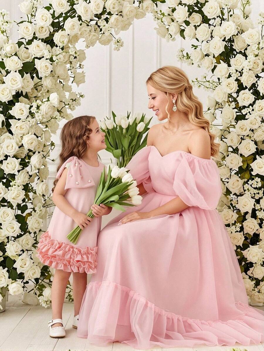 SHEIN Glamorique Kids 女婴优雅蝴蝶结3D花朵装饰无袖连衣裙，适合婚礼、派对、生日、度假、拍照、夏季等场合 - 粉色 - 查看 1