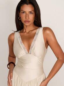COSMINA Women's Sexy Lace Patchwork Ruffle Dress - Apricot - View 6