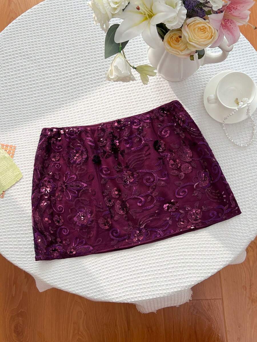 Sweetra Chân váy lửng xòe nhẹ, màu tím huyền bí, đính cườm, thời trang, phong cách thường ngày, đa năng cho kỳ nghỉ hè, tiệc bãi biển, và vẻ ngoài gợi cảm. - Màu tím - Xem 1