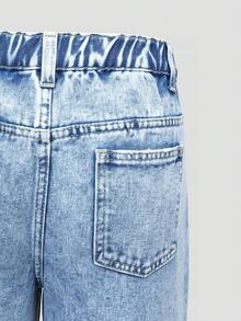 SHEIN ChillGRL 少女牛仔裤，适合春、夏、秋、冬四季穿着，浅蓝色牛仔布，Y2K风格，3D立体花卉刺绣，宽松阔腿版型，舒适棉质牛仔面料，适合日常穿着、上学和通勤。 - 藍色 - 查看 8