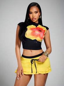 女士性感海岛印花修身短袖上衣搭配荷叶边抽绳迷你裙套装，适合休闲外出、购物、聚会、度假、海滩、约会、音乐节、派对、海岛之旅等场合。 - 彩色 - 查看 5