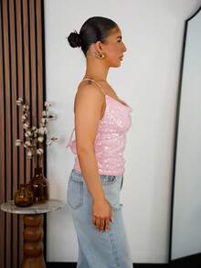 SAYEHFBABY Women's New Sequin Plunging Neck Backless Camisole For Party, Pink Y2k Top - Pink - View 5