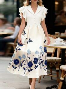xheGlowEve Vestido de manga abombada de longitud media, de color albaricoque, con estampado floral, cuello de solapa, botones de perlas en la cintura, diseño de línea A, elegante, dulce, encantador, versátil, para uso diario, vacaciones, viajes, citas, estilo francés, retro, primavera, verano, nueva llegadaxhe - Multicolor 3 - Ver 4
