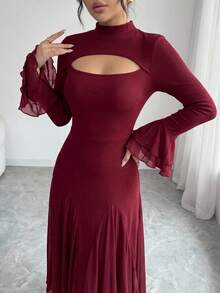 Modelyn Petite 女款純色立領鏤空設計喇叭袖優雅中長洋裝，適合嬌小女性 - 酒紅色 - 查看 8