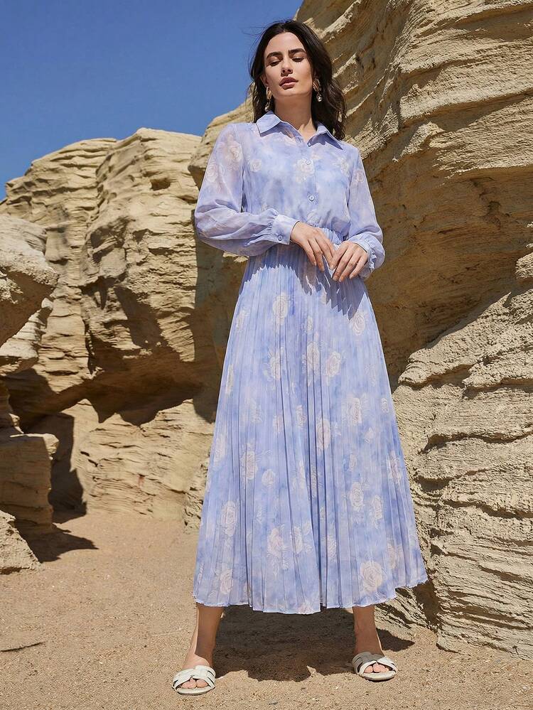 Spring & Summer Floral Print Blouse And Pleated Skirt Set, Casual Elegant Two Pieces Outfit For Commuting, Suitable For Valentine's Day And Weddings