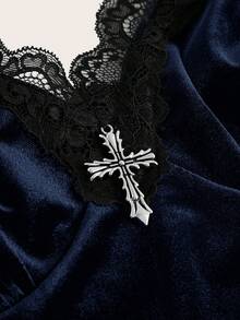 ROMWE Goth Gotisches Kreuz Anhänger, Samt Bodysuit und Trägertop, Große Größen - Königsblau - Übersicht 3