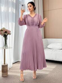 Modelyn Plus Size Elegant Commuter Solid Color Lace Trim Pleated Dress Pleated Skirt - Purple - View 5