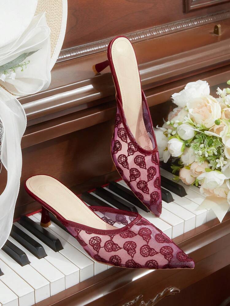 CUCCOO HITCHD Women's High Heels, Wedding Red Lace Shoes, Transparent Mesh Hollowed-Out Pattern Pointed High Heels, Elegant Fairy Back Strap, Wedding Dress/Toast Dress Versatile Banquet Women's Shoes