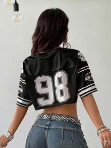 Coolane 女式街头运动休闲返校运动服休闲针织数字印花缎面光泽上衣Y2K服装青少年街头服饰上衣 - 黑色 - 查看 6
