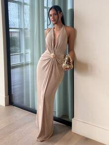 LHSEPT 金属度假海滩音乐节露背优雅深 V 弹力漂亮女式连衣裙 - 杏色 - 查看 3