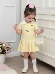 Playful Pals Baby Girls' Casual Bear Print Polo Collar Dress, Summer - Yellow - View 3