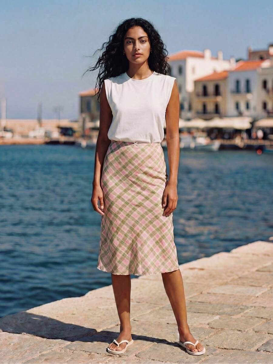 lacRébo Midi Plaid Bias-Cut Mesh Skirt With Soft Drape - Multicolor - View 1