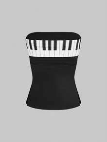 ROMWE Y2K可爱休闲钢琴键印花翻领露脐吊带背心，侧开衩设计，女款 - 黑色 - 查看 2