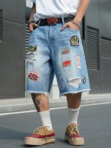Manfinity EMRG Men's Casual Distressed Light Blue Wide Leg Denim Shorts - Light Wash - View 7