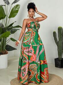 Maweii Plus Size Summer Vacation Beach Sexy Cashew Flower Strapless Dress - Multicolor - View 5