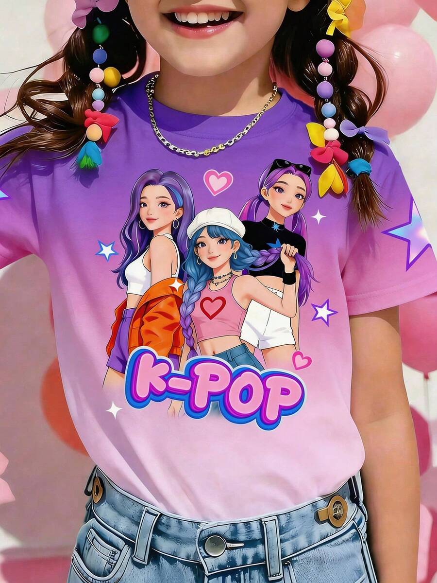 Camiseta de manga corta con cuello redondo, estampado de dibujos animados, de uso versátil y casual para uso diario - Púrpura malva - Ver 1