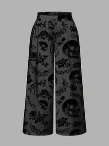 ROMWE Goth Quần ống rộng in họa tiết đầu lâu đen, gai, cánh dơi, hoa hồng đầu lâu cỡ lớn phong cách Halloween kinh dị bí ẩn - màu đen - Xem 5