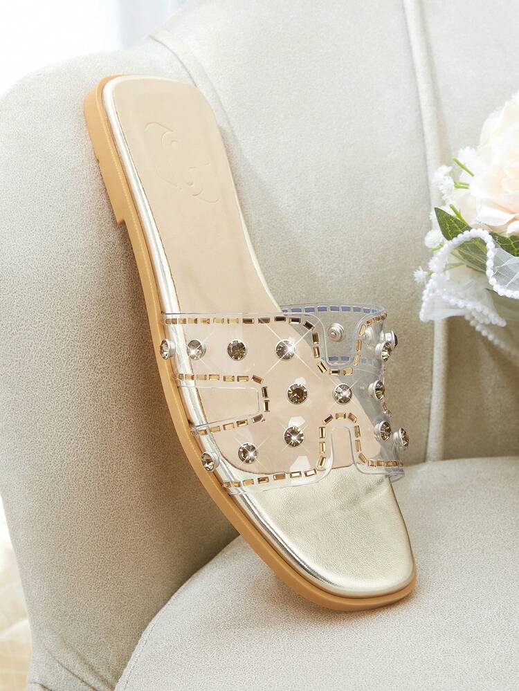 CUCCOO HITCHD Women Shoes Summer New Fashion Rhinestone Decoration Transparent Film H Drag Flat Bottom Loose Versatile One-Pedal One-Word Slippers Not Tired Feet Temperament Non-Slip Holiday Commuter Beach Cool Slippers