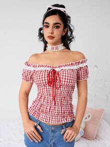 ROMWE Kawaii Plus Size Women Summer Plaid Print Ruffle Trim Front Tie Off Shoulder Sweet Blouse - Red - View 7