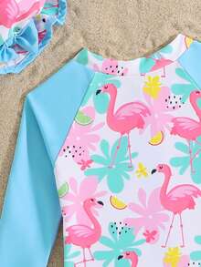 SHEIN Baby Girls' Cute Elastic Pink Contrast Color Donut Print Ruffled Long Sleeve 2 Pieces Swimsuit With Hat - Multicolor - View 5