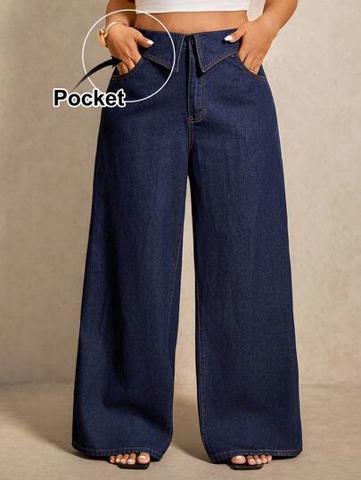 Elaquor Quần jeans ống rộng cạp cao dáng rộng, chất liệu wash, cỡ lớn, kiểu dáng thường ngày.