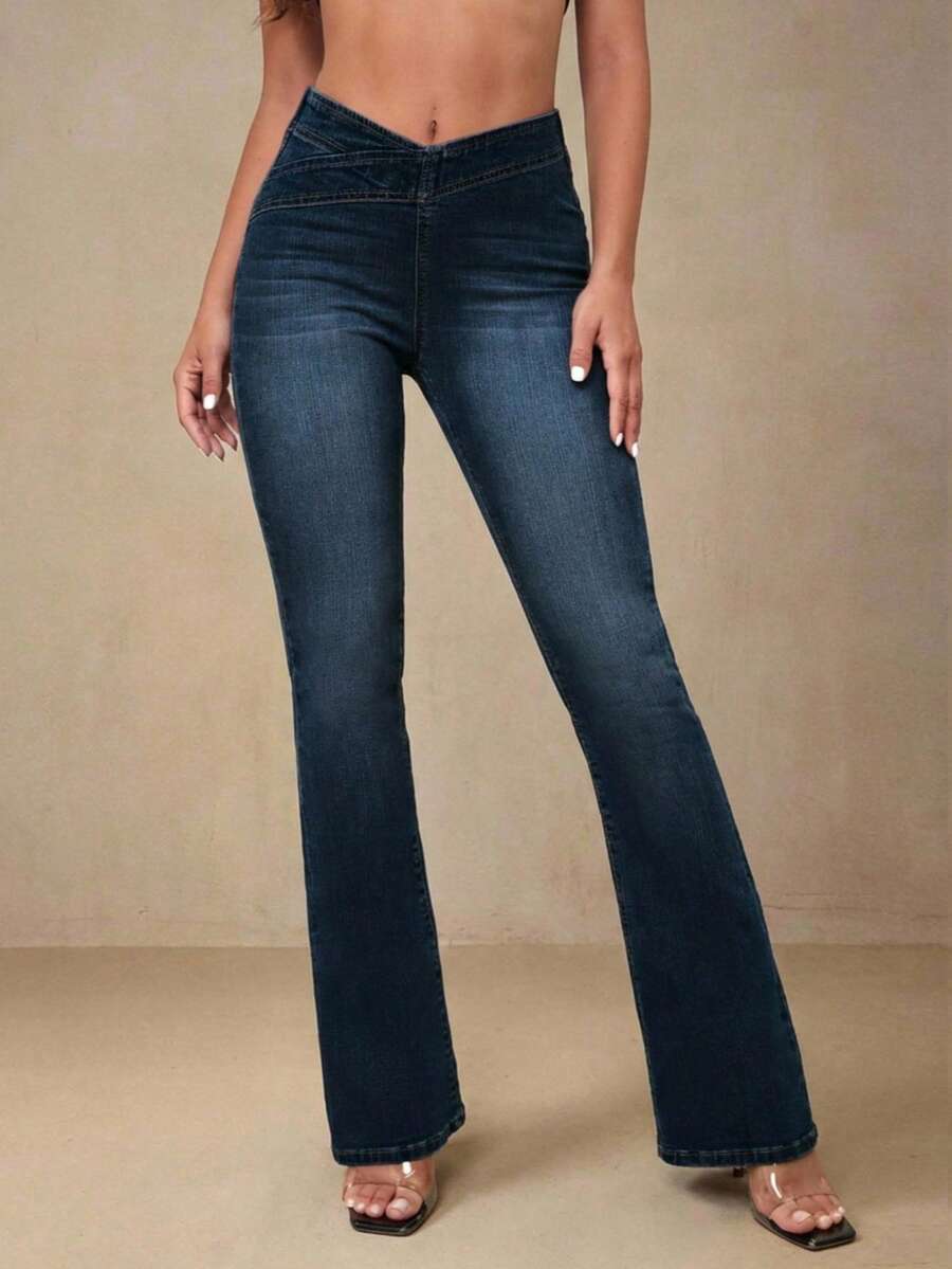 Selenza Women's Asymmetric Waist Casual Flare Leg Jeans - Dark Wash - View 1