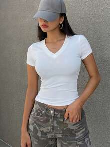 Camiseta de manga corta casual de corte ajustado con cuello de solapa y unicolor, estilo preppy para mujer - Blanco 6 - Ver 6