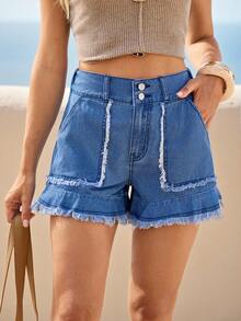 Breezaya Quần short denim dáng rộng cạp cao, viền thô, túi xéo, phong cách thường ngày mùa hè dành cho nữ, kiểu dáng đường phố, thích hợp đi nghỉ mát. - Màu xanh lam - Xem 4