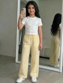 SHEIN Bộ 2 món cho bé gái tuổi teen: Áo cổ tròn và quần sọc. - Màu vàng - Xem 10