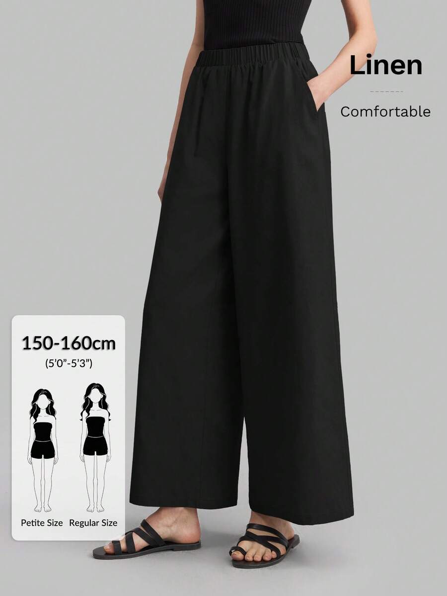 Ontre Petite PETITE 2026SS Linen Blend Women's Wide Leg Pants, Summer Loose Fit Black Casual Trousers, Office Wear, Business Casual, Retro, Urban Minimalist, Woven Fabric, Versatile, Elegant, Suitable For Small Stature, Daily, Beach, Music Festival, Graduation - Black - View 1
