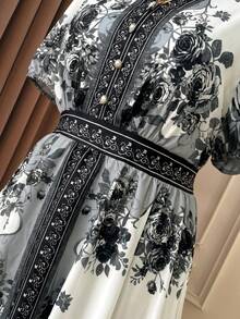 Rometta Vestido de vacaciones de manga de pétalo con cuello Mao y estampado floral para mujer de talla grande - Blanco y Negro - Ver 6