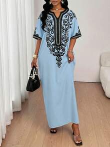 SHEIN Lady Đầm nữ in hoa cổ chữ V tay cánh dơi có túi, kiểu dáng đi nghỉ mát. - Màu xanh nhạt - Xem 7