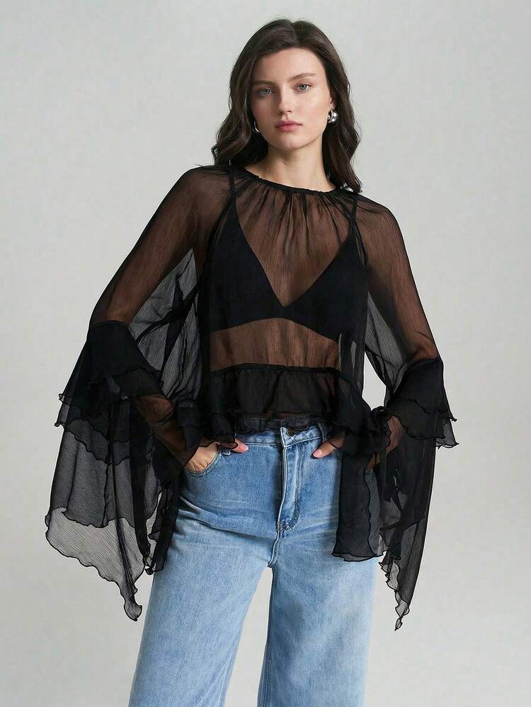 Ontre 2025新款黑色半透明宽松褶皱优雅雪纺圆领长袖荷叶边下摆上衣，百搭日常/海滩/度假装，波西米亚风格 - 黑色 - 查看 3