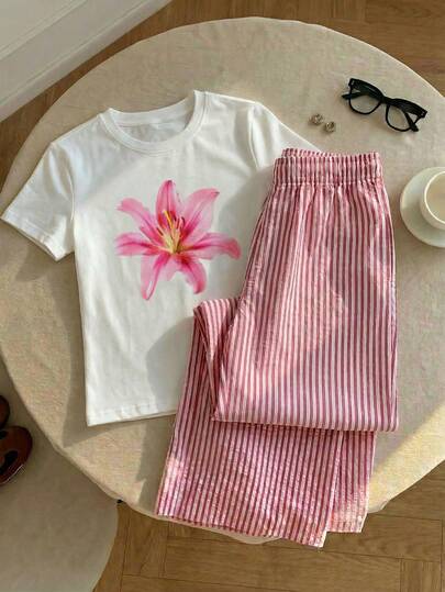 Mujer Conjunto casual estilo floral con estampado de flores y rayas tejido ligero ajuste relajado cuello redondo manga corta primavera verano uso diario Conjunto