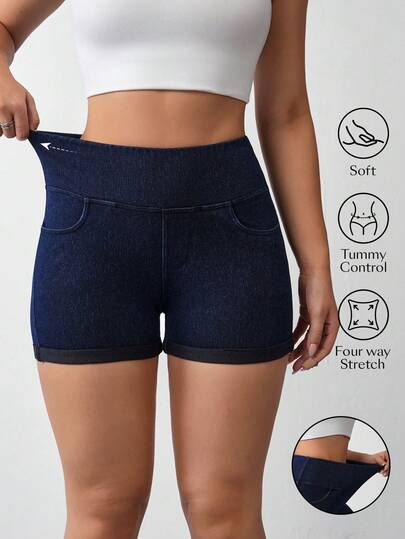 Flexra Women's Casual Yoga Elastic Fitted Sports Cuffed Hem Dark Blue Denim Shorts