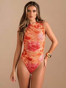 SHEIN BAE 秋冬季纯粉色花卉扎染印花无袖连体衣，褶皱不对称无袖紧身连体裤 - 橘色 - 查看 6