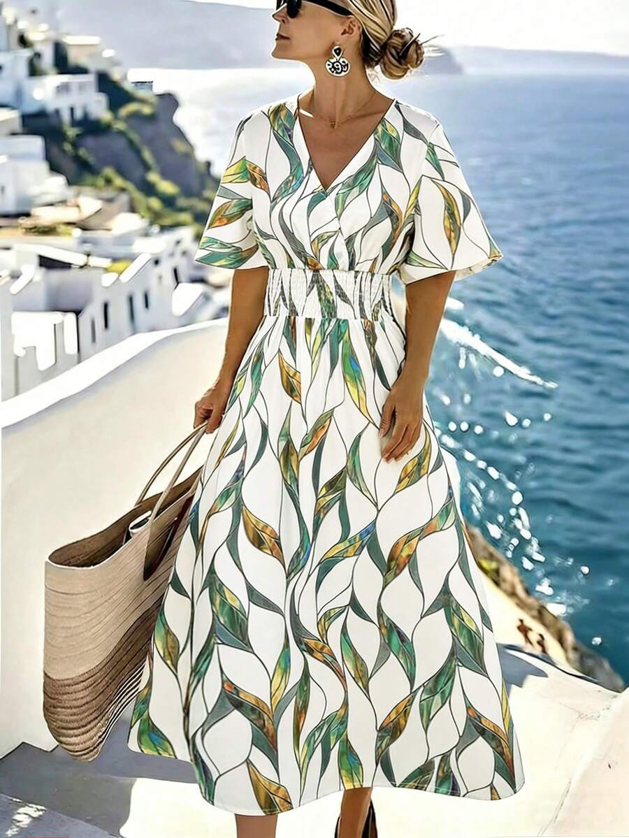 Breezaya 女士V领褶裥印花休闲派对中长连衣裙 - 綠色 - 查看 1