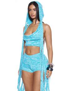 MUSERA Áo croptop dệt kim có mũ trùm đầu, cổ buộc dây, gợi cảm, thích hợp cho mùa hè, mùa xuân, lễ hội, kỳ nghỉ, đi chơi, du lịch. - Màu xanh nhạt - Xem 5