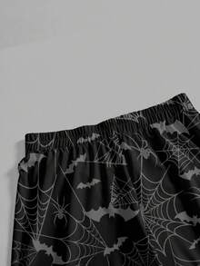 Plus Size Halloween Bat, Gothic, Mysterious Bat & Spider Web Black & Grey Print Pants - Black - View 4