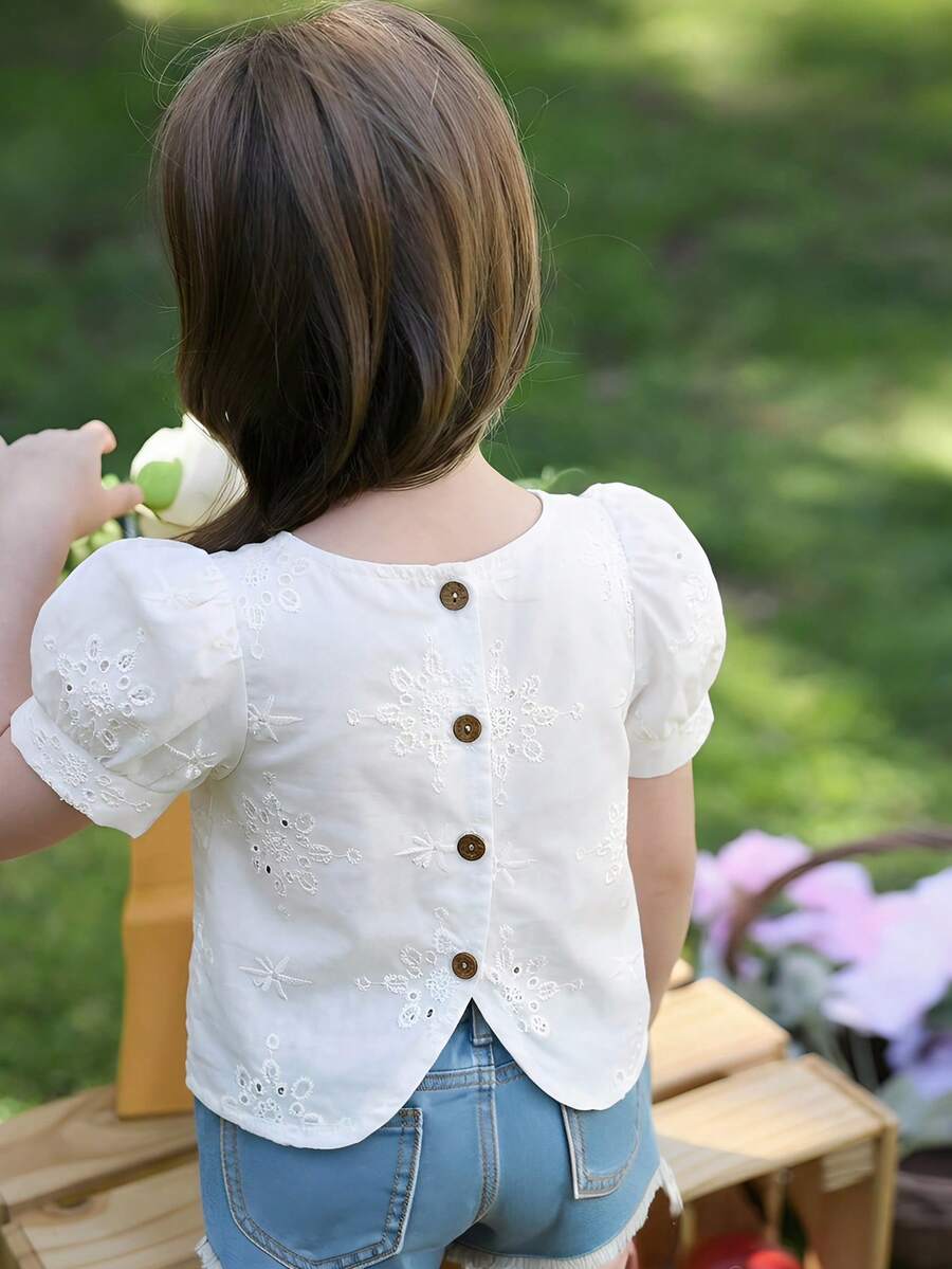 Emery Rose Kids Emery Rose Kids Young Girl Woven Solid Color Round Neck Embroidered Puff Sleeve Casual Shirt Kids Blouses For Girls Clothes Spring Cute Tops Blouse - White - View 1