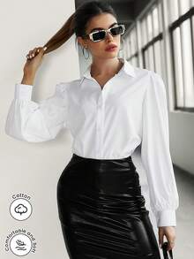 Modelyn 翻领公主袖纽扣前襟休闲衬衫 - 白色 - 查看 1